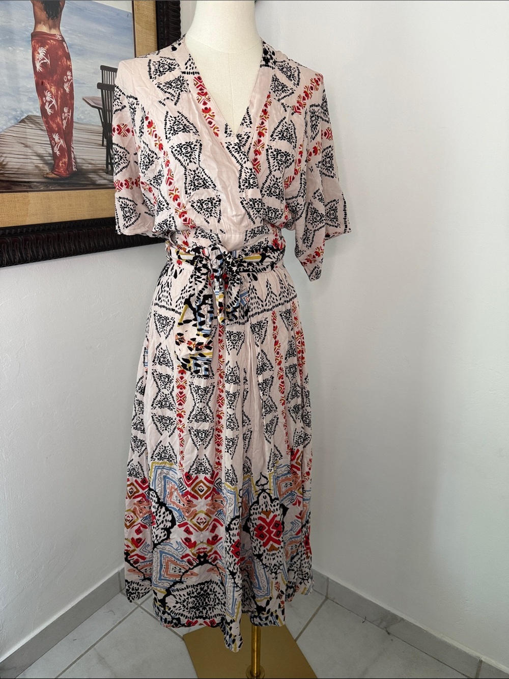 Free People Blush Pink Multicolor Printed Wrap Midi Dress